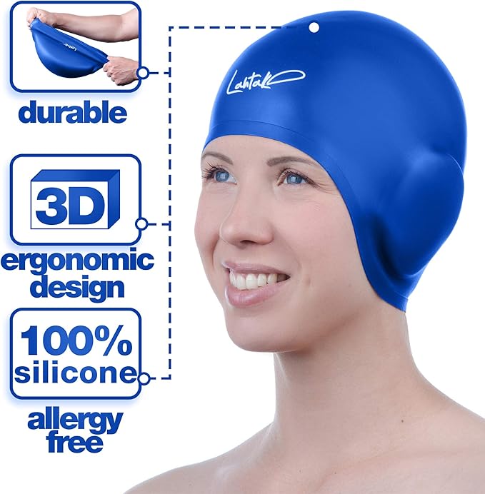 3D Swim Caps - Ear Protection Swimming Cap for Women & Men - Silicone, Waterproof - Fits Long & Short Hair - Adult & Youth