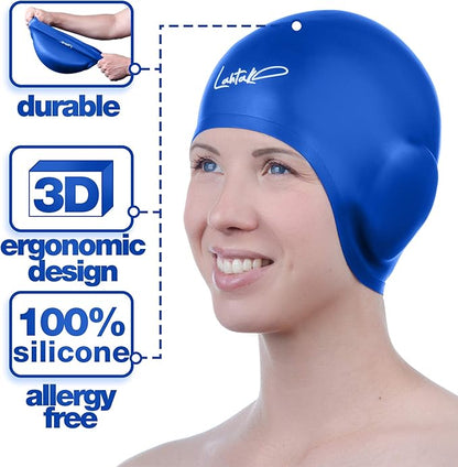 3D Swim Caps - Ear Protection Swimming Cap for Women & Men - Silicone, Waterproof - Fits Long & Short Hair - Adult & Youth