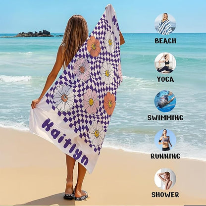 JML Personalized Beach Towel with Name, Custom Flower Beach Towel, Customized Microfiber Pool Towel, Quick Dry & Absorbent Swim Towel for Adult,Anniversary, Birthday, Summer Holiday,Vacation