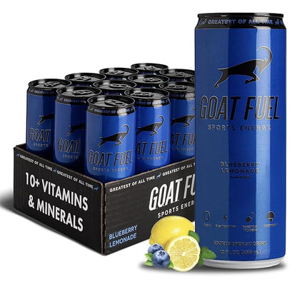 G.O.A.T. Fuel Energy Drink, Co-Founded by Jerry Rice, Natural Caffeine, Electrolytes, BCAAs, Cordyceps Mushrooms & Antioxidants, Light Carbonation Pre Workout, 12 Pack, 12 FL Oz, Blueberry Lemonade