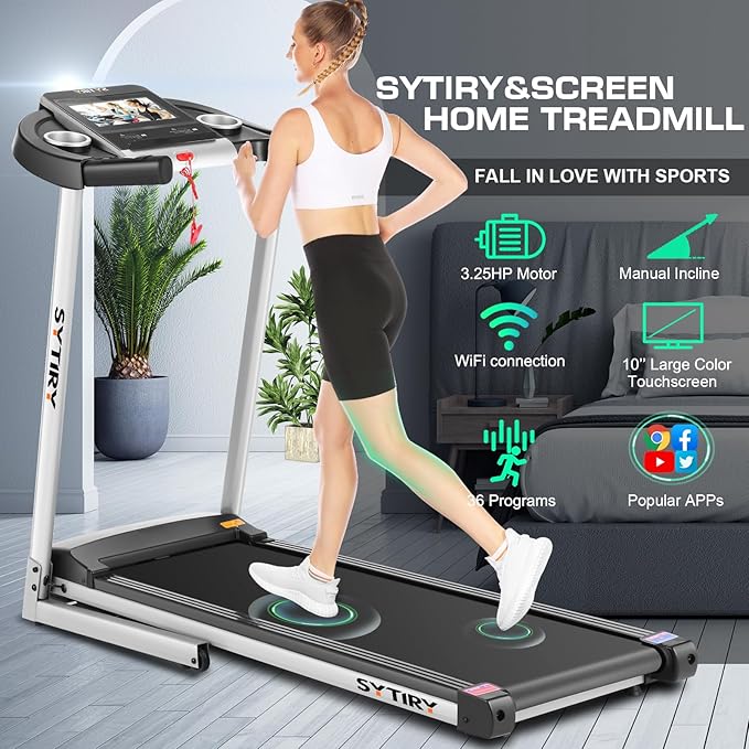 SYTIRY Treadmills for Home with TV Screen and WiFi,Smart Foldable Treadmill Machine,3D Virtual Sports Scene,HiFi Speakers,Popular APP for Social Networking,Video,and Search,Walking Treadmill