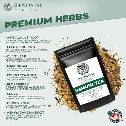 Elephantal Wellness Premium Immuni-Tea | Immune System & Respiratory Support with Reishi, Clove, Echinacea & Elderberry | Handmade, Caffeine-Free, Non-GMO Loose Leaf Blend, 2oz, 20 Servings