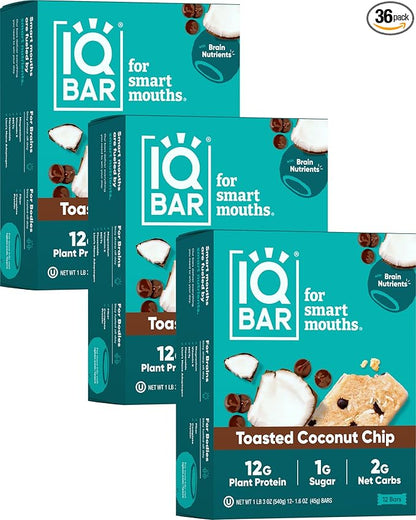 IQBAR Brain and Body Plant Protein Bars - Toasted Coconut Chip - 36-Count Low Carb - Gluten Free, High Fiber, Vegan Snacks - Low Sugar Meal Replacement