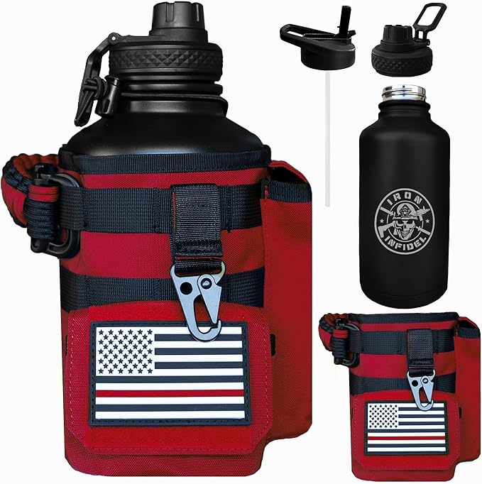 Iron Infidel Battle Bottle - Half Gallon Insulated Water Bottle with Paracord Handle, Large 64 oz Stainless Steel Water Jug with Rugged, Removable Sleeve for Keys, Wallet & Phone (Red Line 2 Liter)
