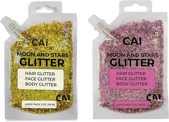 Hair Glitter Gel – 3 Oz Chunky Iridescent Holograph Stars & Moon, Cosmetic-Grade Glitter for Hair, Body & Face for Kids and Women, Applies Smoothly & Washes Off Easily - Rose/Gold 2Pack