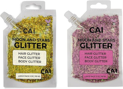 Hair Glitter Gel – 3 Oz Chunky Iridescent Holograph Stars & Moon, Cosmetic-Grade Glitter for Hair, Body & Face for Kids and Women, Applies Smoothly & Washes Off Easily - Rose/Gold 2Pack