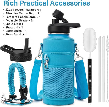 Insulated Water Bottle | Thickened Stainless Steel Vacuum Metal | Portable Sports Water Jug for Gym and Hiking with Straw, Carrier Bag, Handle Strap | BPA-Free 32 oz