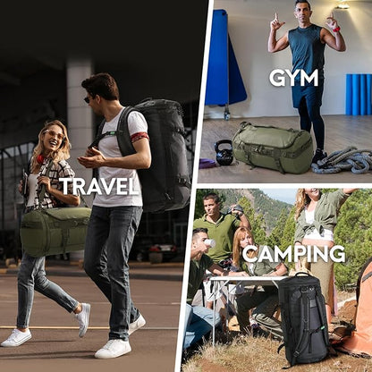 Haimont Duffle Backpack, Travel Duffel Bag with Shoes Compartment, Water-resistant Overnight Daybags for Men Women Daily Trip, Sports Gear, Gym, 45L, Black