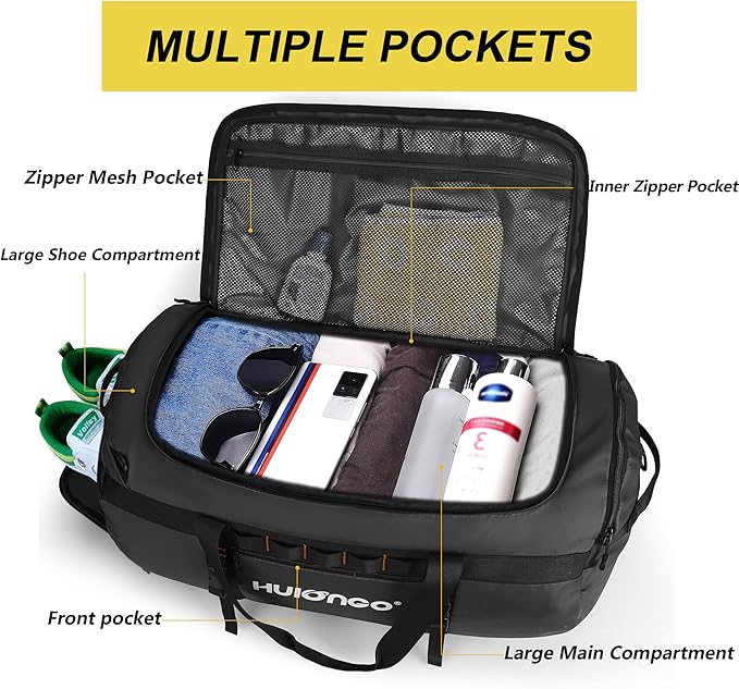 40L/60L/90L Large Waterproof Duffle Bag Backpack for Men, Mens Duffel Backpack Bags for Traveling, Heavy Duty (Black, 60L)