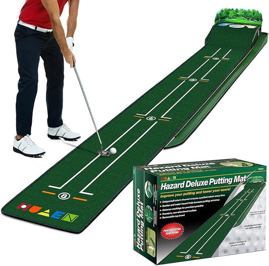 Golf Putting Mat Putting Green Indoor & Outdoor with Ball Return and 3 Holes Improve Accuracy and Speed Durable Wrinkle-Resistant Velvet Crystal Mat Golf Accessories for Men
