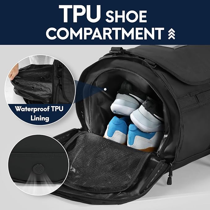 Haimont Duffle Backpack for Men Women, Convertible Travel Duffel Bag Backpack with Shoes Compartment, Heavy Duty Weekender Bags for Sports Gym, Traveling, Camping, Water-resistant, 60L, Black