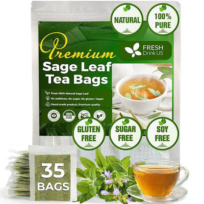 FreshDrinkUS, Premium 35 Sage Leaf Tea Bags, 100% Natural & Pure from Sage Leaves. Loose Leaf Sage Herbal Tea. Made with Natural Material Tea Bags. No Sugar, No Caffeine, No Gluten, Vegan.