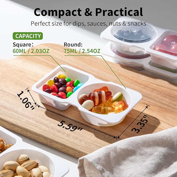 20 Sets Reusable Snack Containers with Lids & 20 Sporks – Double Compartment for Portion Control, BPA-Free Leak-Proof Dipping Containers for Meal Prep, Travel, and Outdoor Snacks (White)