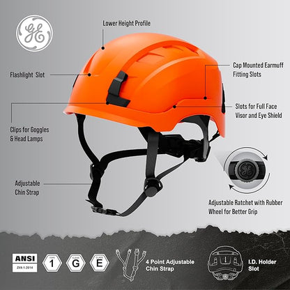 GE Safety Helmet, Impact Absorbing Tech, Adjustable Ratchet, ANSI Type 1, Memory Foam Padding, Hard Hats Protection, Lightweight, Durable, Chin Strap, Comfortable Fit OSHA Approved