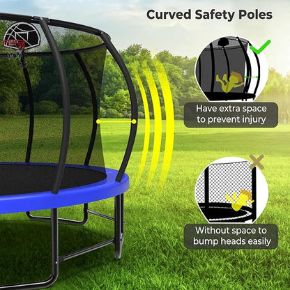 10 12 14 15 16FT Outdoor Trampolines for Kids and Adults, Pumpkin Trampoline with Curved Poles, Recreational Trampoline with Basketball Hoop and Safety Enclosure Net for Kids and Adults
