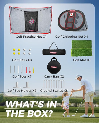 10x7ft Heavy Duty Golf Practice Net with Mat, Target Cloth, 8 Tees, 6 Balls, Carry Bag, Golf Training Net for Backyard Driving Chipping Indoor Outdoor