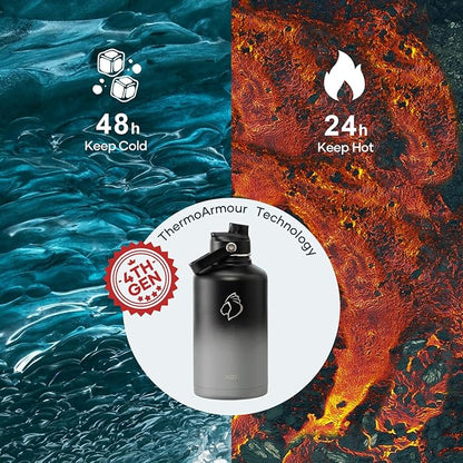 Insulated Water Bottle 64 oz with Straw Lid and Flex Lid, BUZIO 64oz Stainless Steel Water Bottle Half Gallon Jug Flask, Double Wall Vacuum Sports Thermo Mug, Cold Hot Hydro Metal Canteen