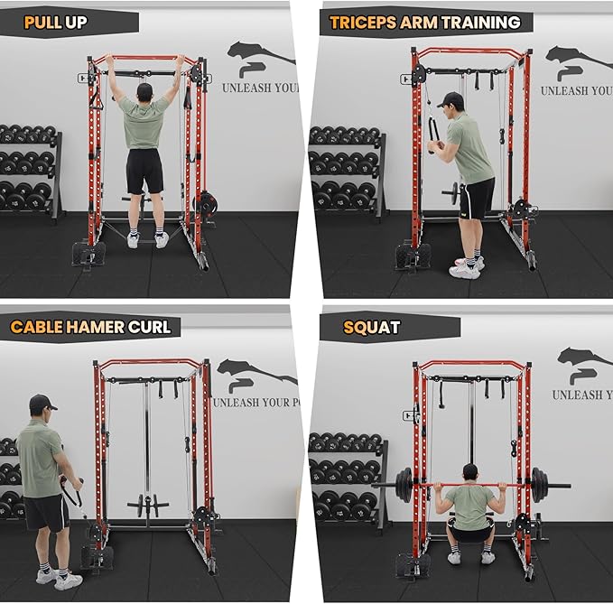 GaveeLife Power Cage, 2000 LBS Power Rack with Cable Cross-Over System, Multi-Functional Strength Training Squat Rack with LAT Pull Down System, Home Gym Equipment with Training Attachment, Red