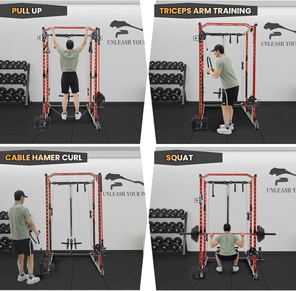 GaveeLife Power Cage, 2000 LBS Power Rack with Cable Cross-Over System, Multi-Functional Strength Training Squat Rack with LAT Pull Down System, Home Gym Equipment with Training Attachment, Red