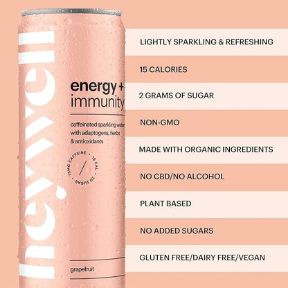 Heywell Sparkling Adaptogenic Water, Energy and Immunity, Grapefruit Flavor, 12 Fluid Ounce (Pack of 12) - Caffeinated, Organic, Non GMO, Vegan, Gluten Free, Dairy Free