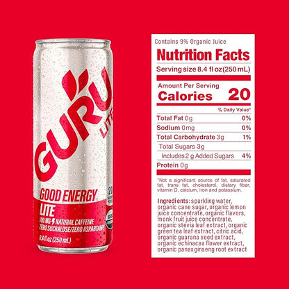 GURU Lite Organic Energy Drinks, Clean Energy Drink with Plant Based Natural Caffeine from Green Tea, Low Calorie, Gluten Free and Vegan, 100MG Caffeine, Healthy Drinks, 8.4oz (Pack of 24)