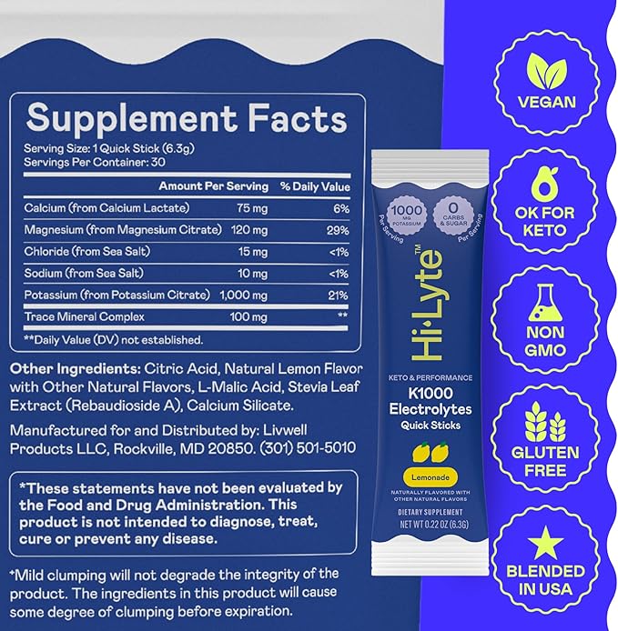 Hi-Lyte Keto & Performance - K1000 Electrolyte Quick Sticks - Lemonade - 1000mg Potassium, Magnesium, Calcium - Single-Serve Packets for Keto Hydration Support - No Sugar, No Carbs