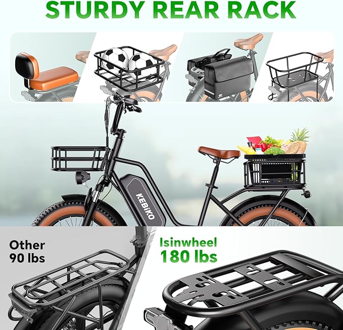 2 Seater Electric Bike, 48V 20AH(𝟗𝟔𝟎𝐖𝐇) Large Removable Battery, 𝟏𝟑𝟎𝟎𝐖 Peak Motor, 20"x 4.0" Fat Tire Ebike for Adults, 80+Miles Max,30+MPH, City Couple E Bike for All Terrain