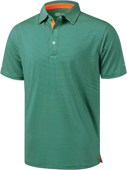 Golf Shirts for Men - Moisture Wicking Short Sleeve Performance Sport Casual Striped Collared Mens Polo Shirt