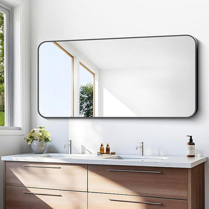 24x48 inch Bathroom Mirror,Black Rectangle Mirror,Wall Mounted Bathroom Frame Vanity Mirror with Round Corner for Bedroom Living Room, Entryway Hangs Horizontal or Vertical