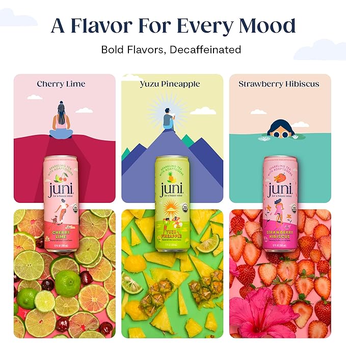 Juni Sparkling Adaptogen Drink with Ashwagandha, Lion’s Mane & Reishi Mushrooms | Green Tea for Focus, Zero Sugar, 5 Calories | Decaffeinated, Non Alcoholic Drinks - Yuzu Pineapple 12 pack