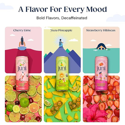 Juni Sparkling Adaptogen Drink with Ashwagandha, Lion’s Mane & Reishi Mushrooms | Green Tea for Focus, Zero Sugar, 5 Calories | Decaffeinated, Non Alcoholic Drinks - Cherry Lime 12 pack