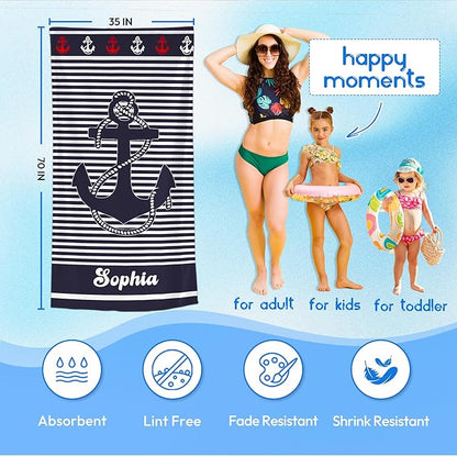 JML Personalized Beach Towel with Name, Custom Anchor Beach Towel, Customized Microfiber Pool Towel, Quick Dry & Absorbent Swim Towel for Adult,Anniversary, Birthday, Summer Holiday,Vacation