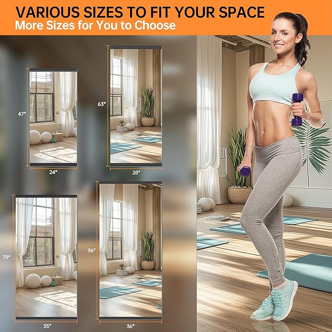 Hasipu 2 Pcs 83''x39'' Home Gym Mirror Large Full Length Wall Mounted Full Body Mirror for Yoga Dance Fitness Exercise Studio Bedroom Garage, Frameless Tempered Glass Workout Mirrors Black Rectangular