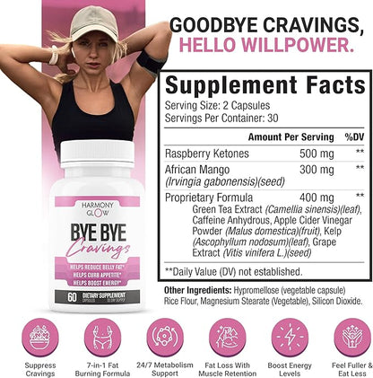 Harmony Glow: ByeBye Cravings - Weight Loss Pills for Women & Powerful Appetite Support | 7 Research Backed Ingredients for Diet Results, Stamina, Energy & Shed Fat - 60 Caps for Adults