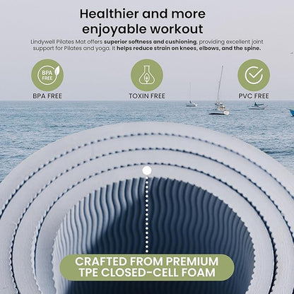Lindywell Pilates Yoga Workout Mat Non Slip 6mm, 8mm, 10mm Thick - 6ft x 26in