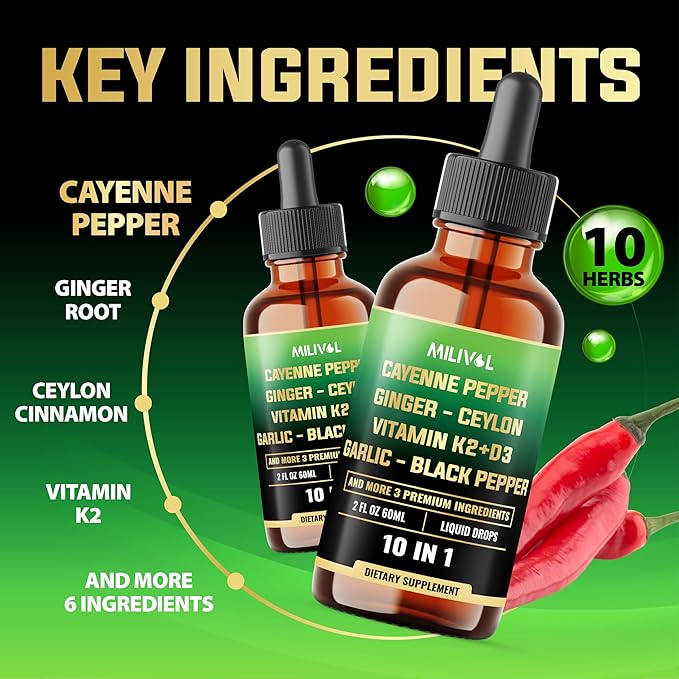 10in1 Cayenne Pepper Liquid Drops + Ginger, Ceylon Cinnamon, Vitamin D3, Vitamin K2, Garlic, Black Pepper and More - Digestion Support - 2 Fl Oz - 2 Months Supply