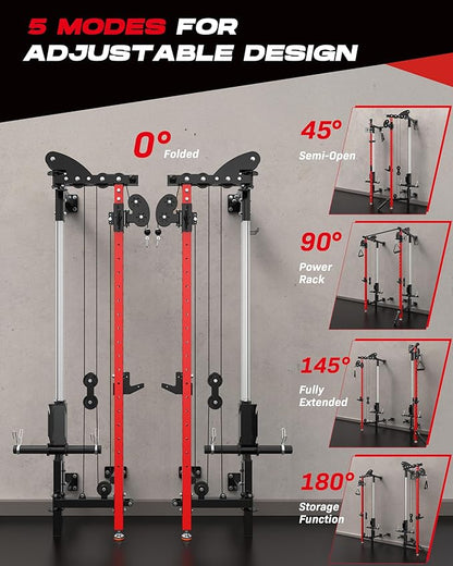 Folding Power Rack, Wall Mounted Squat Rack with Dual Independent Pulley System, Multi-Function Power Cage with 5 Adjustable Function Modes, Power Rack Trainer for Space Saving Home Gym