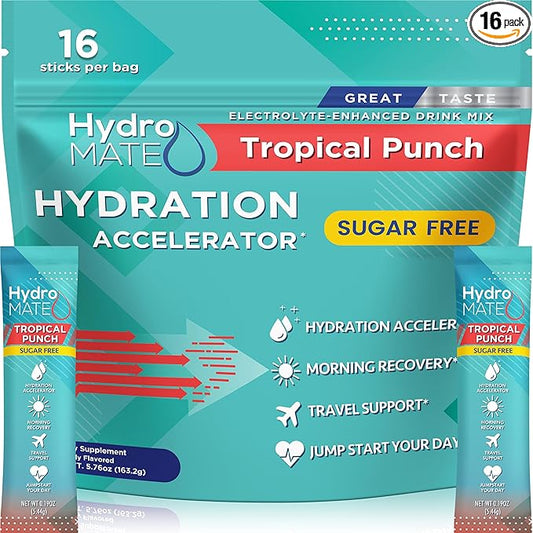 Electrolyte Powder Sugar-Free Hydration Packets Tropical Punch HydroMATE 16 Sticks