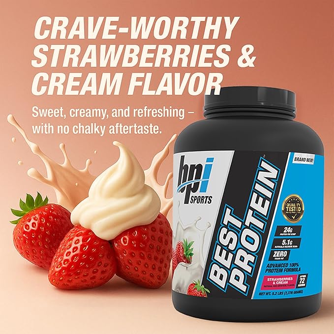 BPI Sports Best Protein – 100% Whey Protein Powder – Muscle Growth, Recovery, Meal Replacement – No Maltodextrin, No Fillers, Gluten Free – for Men & Women | Strawberries and Cream – 5.2 Pounds