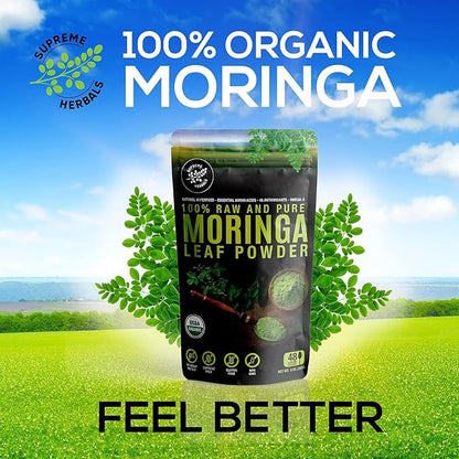 100% Raw and Pure Moringa Leaf Powder. Organic Certified Moringa Leaf. Natural Superfood with Essential Amino Acids, Antioxidants, and Omega 3, 8 oz Resealable Bag.