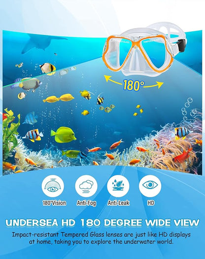 Greatever Dry Snorkel Set,Panoramic Wide View,Anti-Fog Scuba Diving Mask,Professional Snorkeling Gear