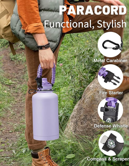 Half Gallon Water Bottle Insulated - 64 oz Water Bottle with Carrying Sleeve, Paracord Handle, Straw Spout Lid, Leak-proof Metal Hydro Water Jug for Workout Sport Hiking Gym, Purple Big Flask Thermo