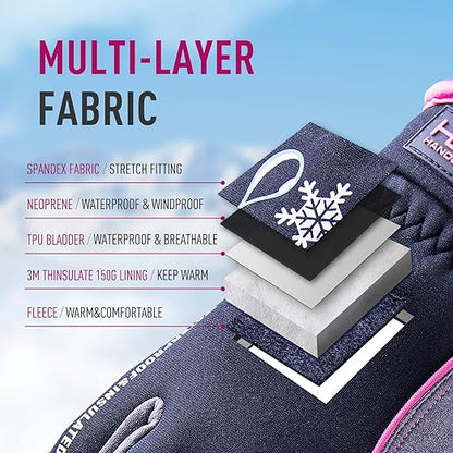 HANDLANDY Waterproof Insulated Work Gloves, 3M Thinsulate Thermal Winter Gloves for Men Women Touch Screen, Warm Ski Snowboard Cold Weather Gloves (Small, Pink)