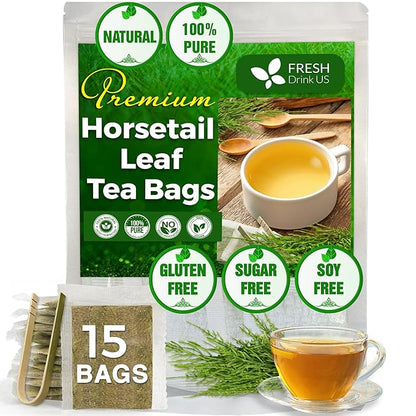 FreshDrinkUS, Premium 15 Horsetail Leaf Tea Bags, 100% Natural & Pure from Horsetail Loose Leaves Herbal Tea. Made with Natural Material Tea Bags. No Sugar, No Caffeine, No Gluten, Vegan.