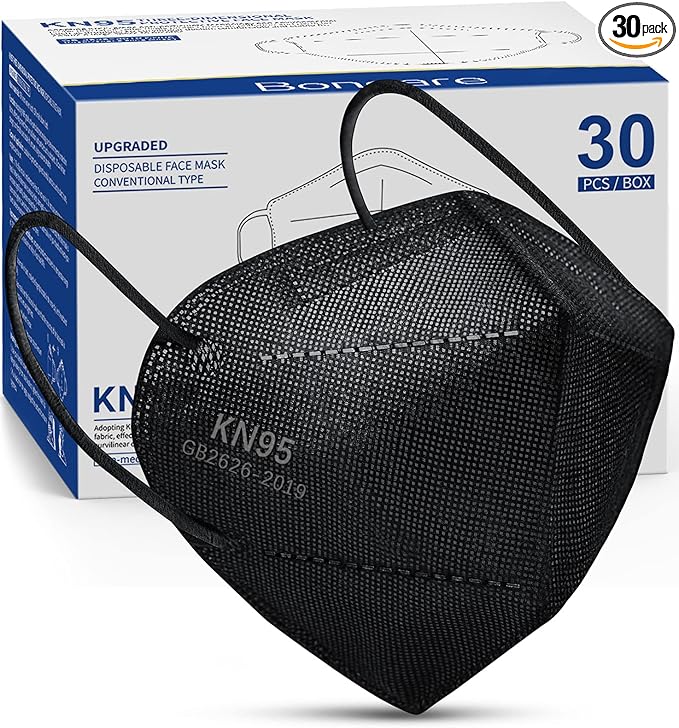 Boncare KN95 Face Mask 30 PCs, 5-Layer Black Face Mask for Men & Women Filter Efficiency≥ 95%, Breathable and Comfortable, Black