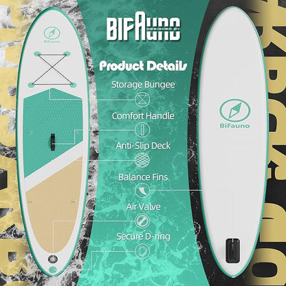 Inflatable Stand Up Paddle Board with SUP Accessories & Backpack. Paddle Boards for Adults. Non-Slip Deck, Wide Stance, Bottom Fin, Double Action Pump.