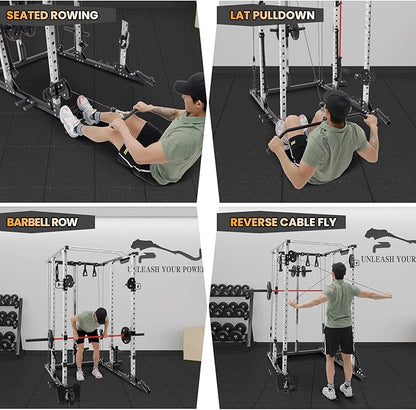 GaveeLife Power Cage, 2000 LBS Power Rack with Cable Cross-Over System, Multi-Functional Strength Training Squat Rack with LAT Pull Down System, Home Gym Equipment with Training Attachment, Red