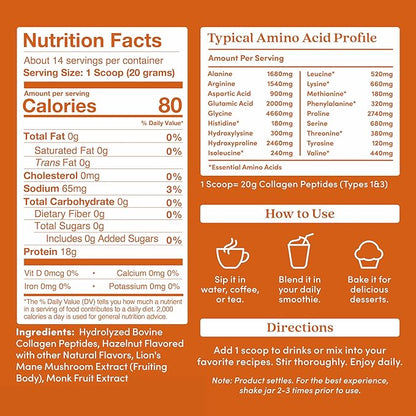 Further Food Hazelnut Collagen Peptides Powder with Lion’s Mane Mushroom, Grass-Fed Hydrolyzed Type 1 & 3 Protein, Gut Health + Joint, Hair, Skin, Nails, Paleo Keto Sugar-Free 9.88 oz