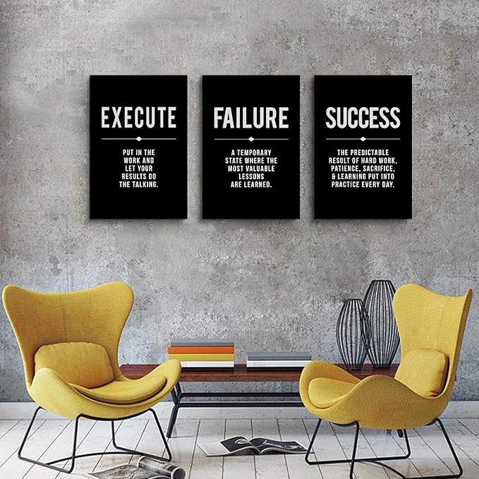 Framed Canvas Wall Art Success Quote, Office Wall Art, Black Large Poster, Positive Motivational Set of 3 Prints, Execute Failure Definition, Inspirational Print (A-3pcs,16x24inchx3pcs)