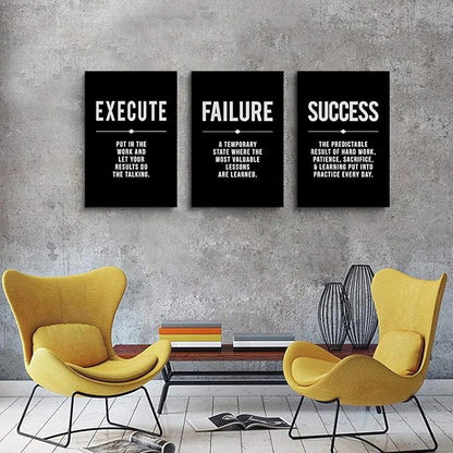 Framed Canvas Wall Art Success Quote, Office Wall Art, Black Large Poster, Positive Motivational Set of 3 Prints, Execute Failure Definition, Inspirational Print (A-3pcs,16x24inchx3pcs)